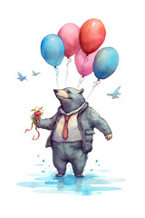 A bear is holding a bouquet of flowers and balloons