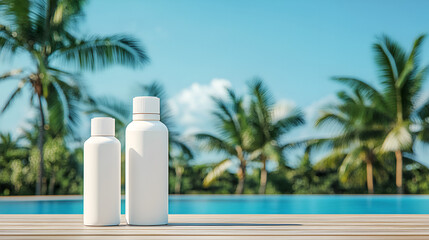 two blank white empty sunscreen bottles mockup on wooden surface, cosmetic product advertising templ