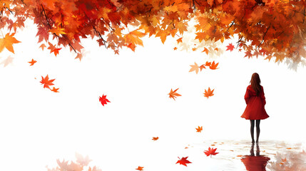 Canvas Print - Autumn Leaves Falling  Around Woman in Red Coat