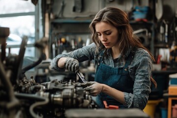 Female mechanic using a wrench to repair an engine in a workshop.