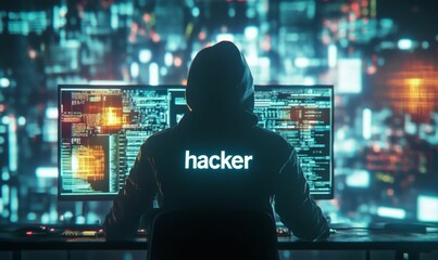 Hooded hacker at computer with code on screen.