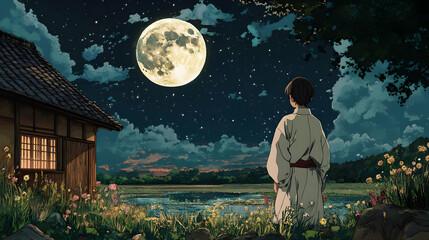 Poster - Peaceful Nighttime Scenery with a Full Moon and a Person Gazing at the Stars