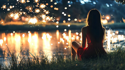 Poster - Woman Sitting by Water with Sparkles and Bokeh Lights, Evening Ambiance