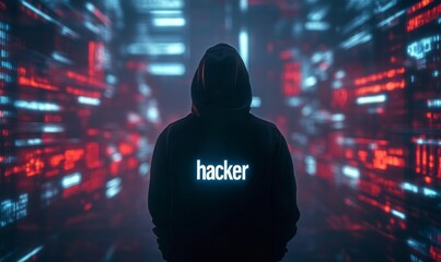 Hooded figure in digital space with 