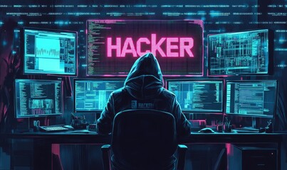 Hooded figure hacking in a dark room.
