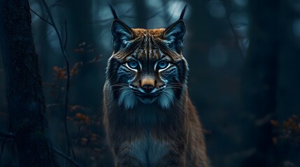 A portrait of a lynx, looking at the camera with intense eyes, against a dark forest background