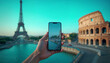 A mobile device displaying travel apps in the foreground, blue and green hues in the background merging with a clear sky, the Eiffel Tower prominently visible on the left, the Colosseum of Rome on the