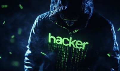 Hooded figure with glowing 'hacker' text.