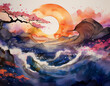 © 100ME - 夕焼けのオレンジと紫が混じり合い柄が時間と共に色を変えながら、空と地平線の間で揺らめく描写が幾何学模様と融合する