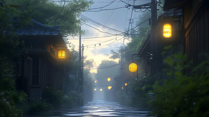 Sticker - A Misty Street Lit by Lanterns in a Traditional Japanese Village