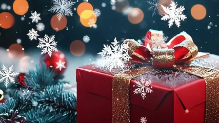 Wall Mural - christmas gift box, fir tree branches, red balls on snowy background. christmas card