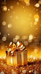 Wall Mural - Golden gift box on Christmas background with golden bokeh. Copy space. Vertical photography