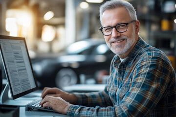 Smiling car mechanic working on computer in modern auto repair shop, professional technician with gray hair, automotive service concept