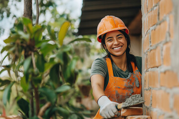 Smiling female construction worker with hard hat, orange vest, trowel, building a brick wall, outdoor setting, construction concept