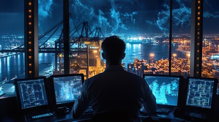 A maritime security officer monitoring potential hacker threats against cargo ships and port systems