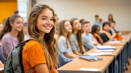 A beautiful young female student sitting in a high school classroom, smiling and looking at the camera, wearing a backpack. Teenage girl listening to a professor teaching a lesson in classroom