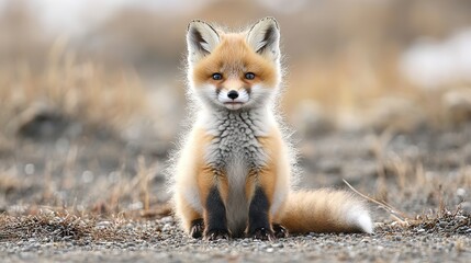 A charming smiling baby fox with fluffy fur, sitting peacefully with its tail curled around its body. This delightful scene captures the essence of innocence and playfulness in nature, 