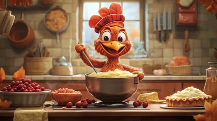 Poster - A cartoon turkey chef busy cooking Thanksgiving dinner, stirring a pot of gravy with a playful grin, surrounded by mashed potatoes, pies, and cranberries,