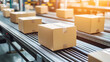 © Sonya - Closeup of multiple cardboard box packages seamlessly moving along a conveyor belt in a warehouse fulfillment center, a snapshot of e-commerce, delivery, automation, and products.