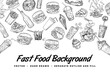 © Muza - Vector hand drawn burgers, fries, sweets and drinks background. Vector outline and fill on white background. Outline and fill are grouped separate.