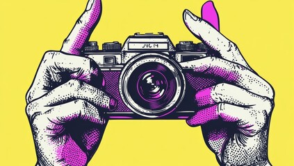 Vintage Camera Held by Two Hands in Pop Art Style