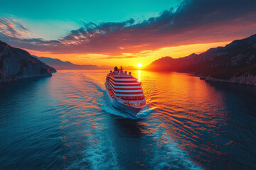 Croatia. Aerial view at the cruise ship during sunset. Adventure and travel. Landscape with cruise liner on Adriatic sea. Luxury cruise. Travel