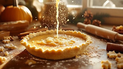 Poster - A close-up of pumpkin pie filling being poured into a pie crust, with spices, cinnamon, and rolling pins on the counter, golden light from the window illuminating the scene,