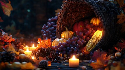 Poster - A cornucopia spilling vibrant autumn produce, such as squash, grapes, and corn, onto a dark wooden table, lit by soft, warm candlelight, with autumn leaves and pine cones scattered around,