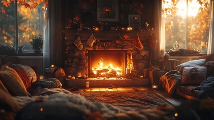 Poster - A cozy family scene by the fire, the room adorned with autumn decor and stockings, soft pillows and blankets scattered around, the warm light from the fireplace casting flickering shadows,