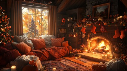 Poster - A cozy family scene by the fire, the room adorned with autumn decor and stockings, soft pillows and blankets scattered around, the warm light from the fireplace casting flickering shadows,