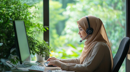 Call center, female operator with headset working on computer, remote support, customer service concept