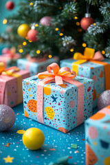 Poster - Playful wrapped gifts in bold colors made from cut-out paper pieces, surrounding a Christmas tree in a vibrant collage,