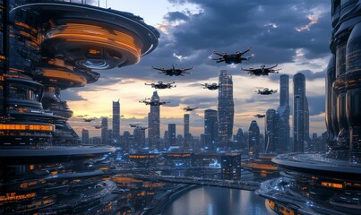 Futuristic cityscape with flying drones.