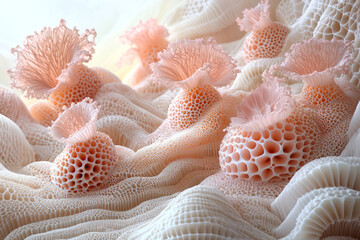 A collection of weightless 3D shapes with scaly textures, suspended in a pastel environment,