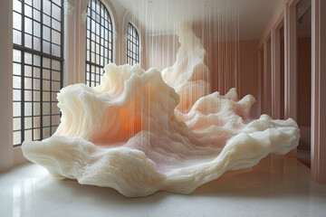 Fototapete - Subtle abstract 3D forms with rubber and smooth marble textures, contrasted with light pastel gradients and floating white strings in a serene, weightless design,