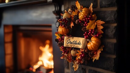 Poster - A decorative gratitude wreath crafted from golden autumn leaves, pumpkins, and red berries, with a large ribbon displaying the word 