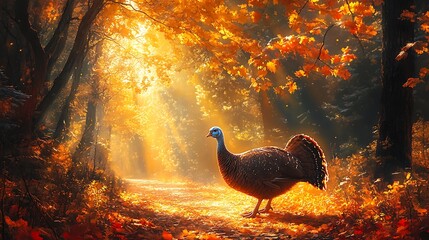 Canvas Print - A curious turkey wandering through a vibrant autumn forest, surrounded by golden and red leaves, soft sunlight filtering through the trees, casting long shadows, whimsical and serene atmosphere.