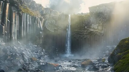 Poster - Waterfall flowing over basalt columns in a volcanic landscape, Video