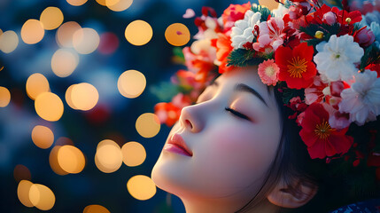 Canvas Print - Floral Crown Beauty - A Woman with Flowers in Her Hair