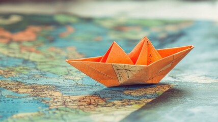 Orange paper boat on world map background