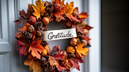 Poster - A gratitude wreath made of colorful fall leaves, acorns, and pumpkins, with a ribbon elegantly displaying “Gratitude,” hanging on a white farmhouse door,