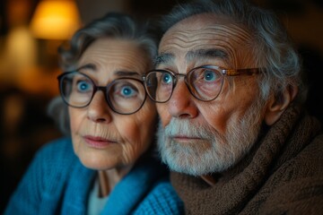 Man and woman are watching television together. The man is wearing glasses and the woman is wearing a blue sweater