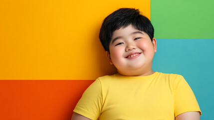 Smiling boy with round face wearing yellow shirt against colorful background. His cheerful expression adds vibrant touch to scene, making it lively and engaging