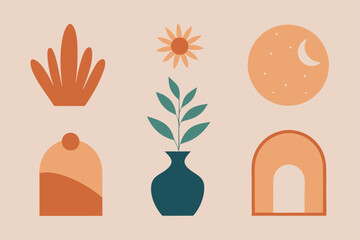 Set of vector modern minimalist. Abstract aesthetic illustration and bohemian contemporary art. Boho collection with hands, vases, flowers, arch, sun, moon and tropic plants