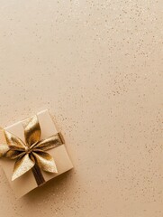 Fototapete - A charming gift box featuring a golden bow rests in the corner of a textured light backdrop, perfect for celebrations or special occasions. Generative AI