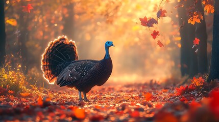 Poster - A peaceful scene of a turkey walking through a colorful autumn forest, leaves of red, orange, and yellow swirling in the breeze, soft sunlight illuminating the path, creating a serene and warm mood.