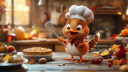 Poster - A playful cartoon turkey dressed as a chef, holding a spatula, with a big smile, standing next to a fully prepared Thanksgiving dinner table with a roasted turkey, pies, and side dishes,