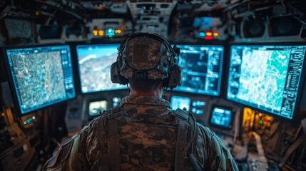 Fototapete - A soldier sits focused at a workstation surrounded by multiple high-tech monitors, analyzing data and coordinating operations during a nighttime mission.
