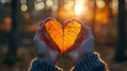 Wall Mural - A serene autumn scene with two hands holding a heart-shaped leaf, the warm sunlight casting a golden glow on the leaf, autumn trees and leaves in the blurred background,