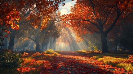 Canvas Print - A serene autumn day with leaves cascading from the trees, the ground covered in a colorful carpet of reds and oranges, soft golden sunlight streaming through the trees,